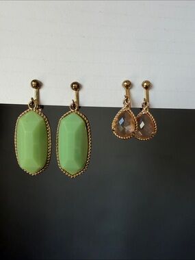 Kendra Scott Earring Bundle clip ons Green Gemstone Drop Earrings with Gold